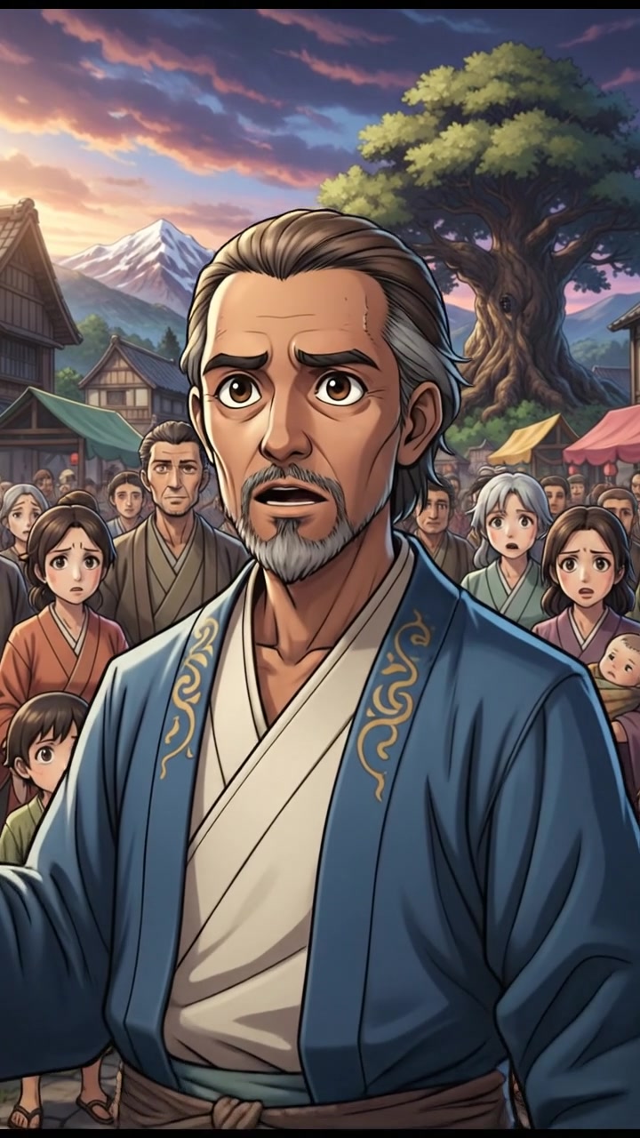 A wise-looking Raj standing in the village square with a concerned expression among villagers.