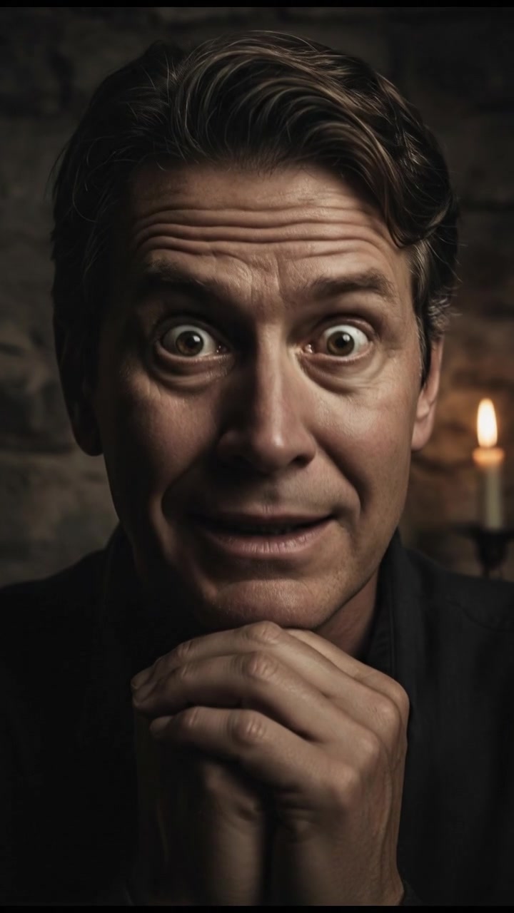 A close-up of the Mark looking anxious, with wide eyes and a tense expression.