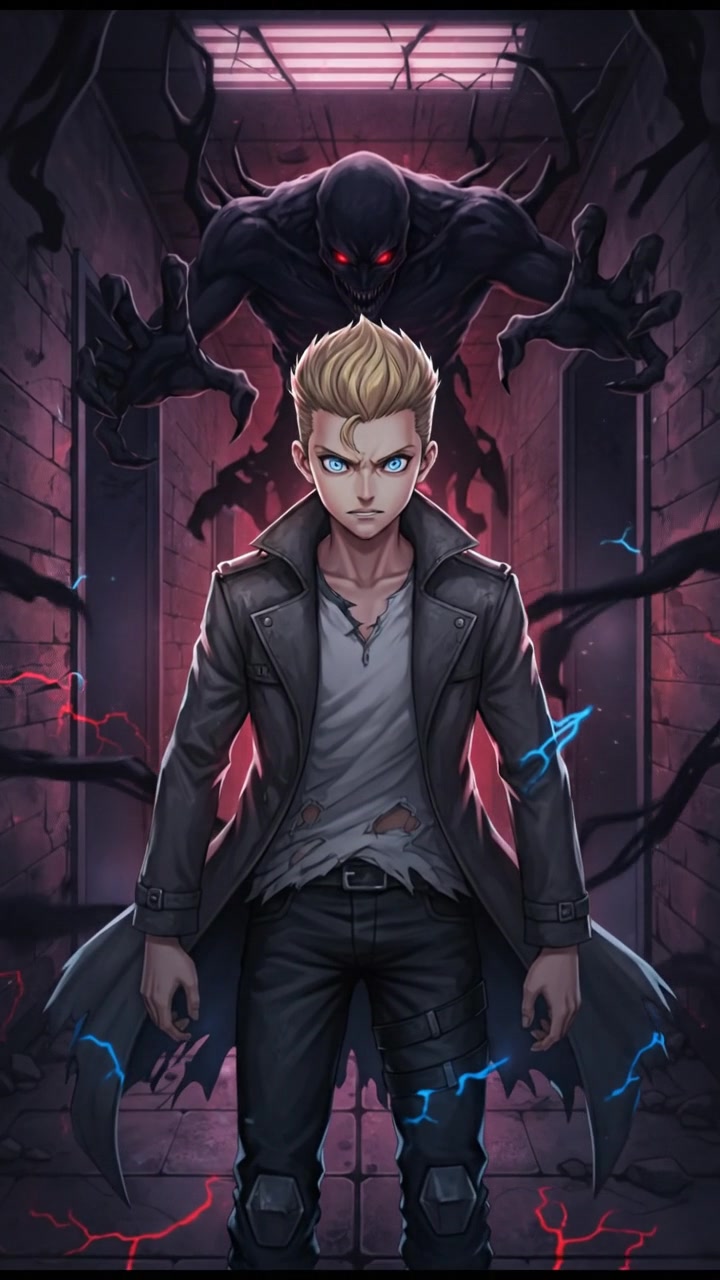 Ryan standing in a dark hallway, with an intense look, shadows creeping around him.