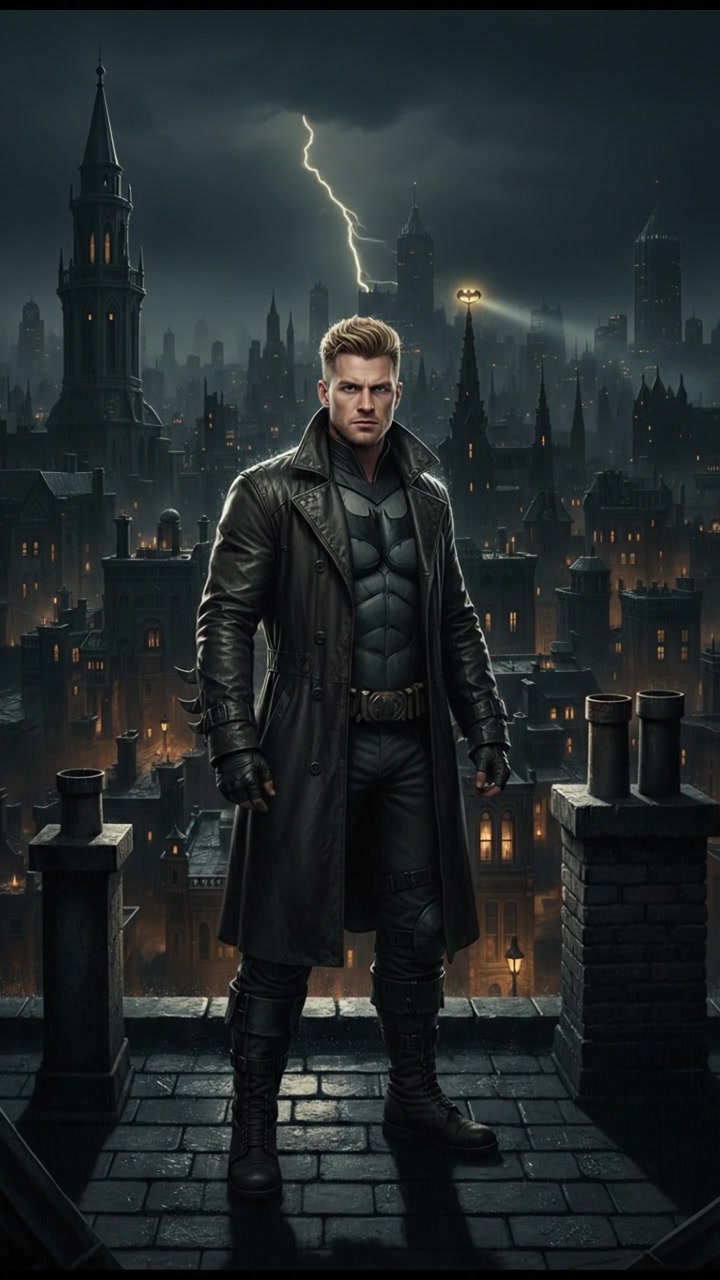 Ryan standing on a rooftop, overlooking Gotham with a determined stance.