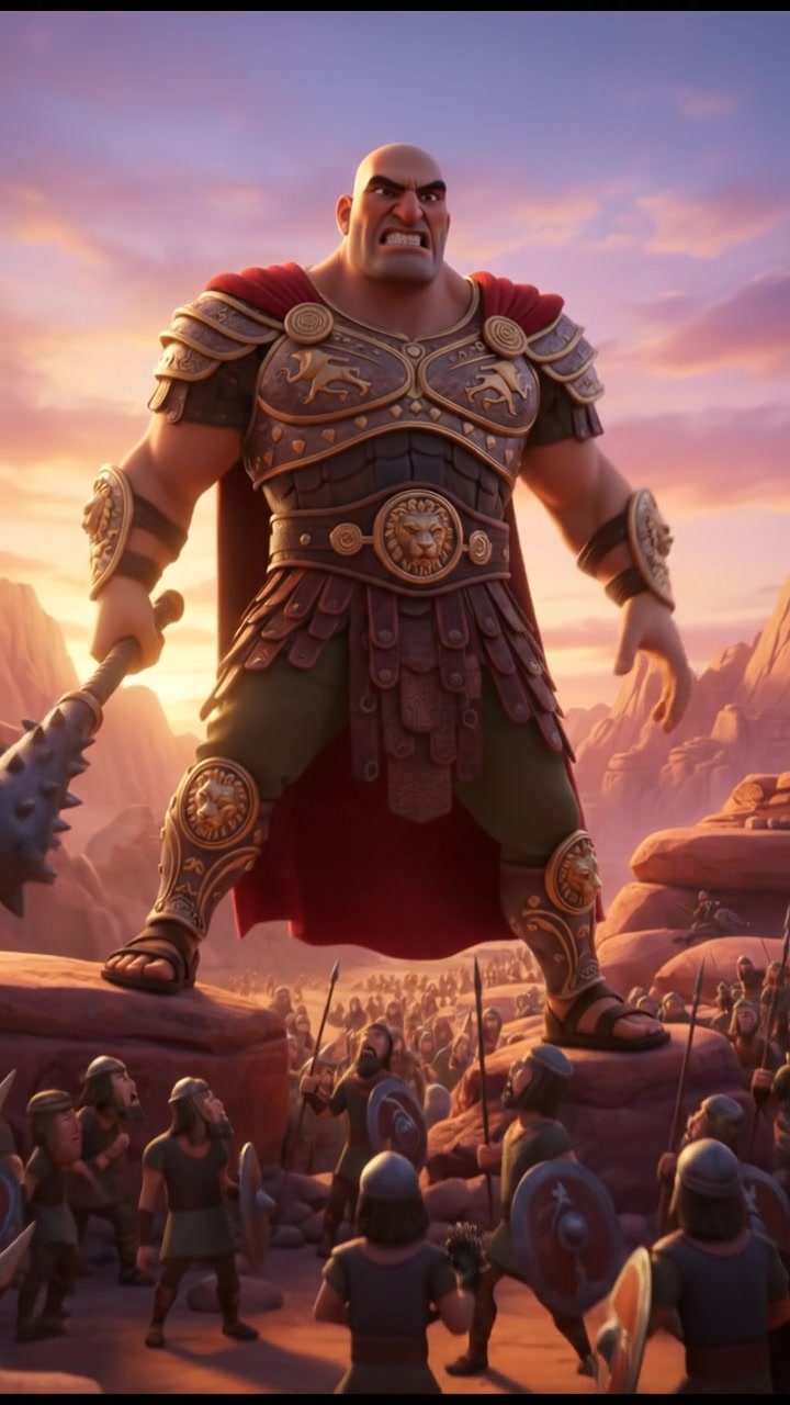 Carlos, a giant of a man, taunting the Israelite army with a fierce expression.