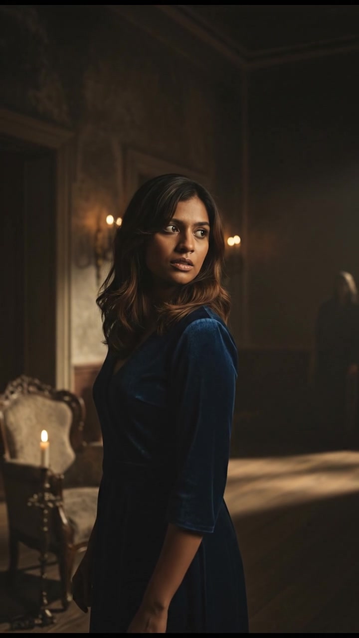 Priya looking over her shoulder, glancing toward a shadowy corner of the room.