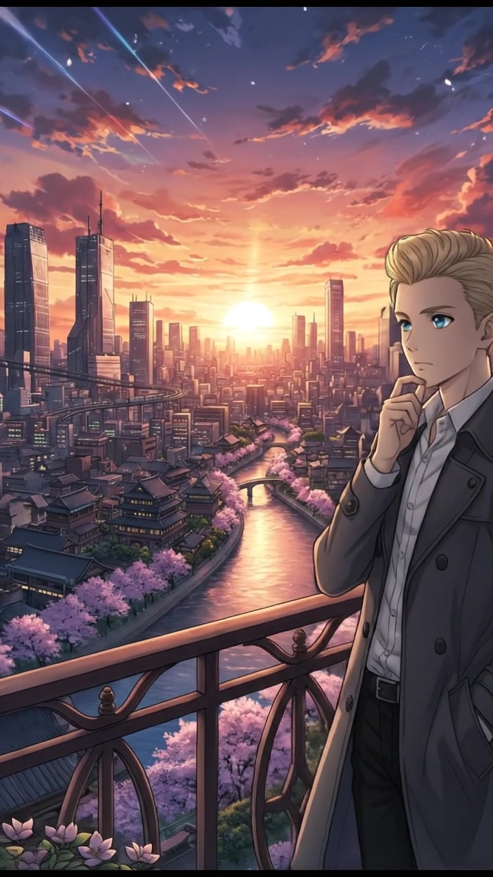 Charles standing thoughtfully on a balcony, looking at an expansive city skyline during sunset.