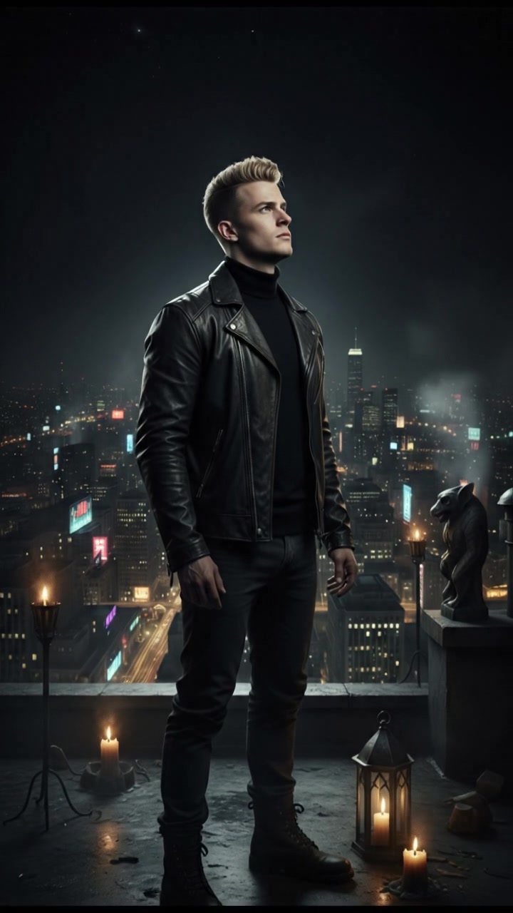 Ryan stands on a rooftop at night, looking over a sprawling city illuminated with bright lights.