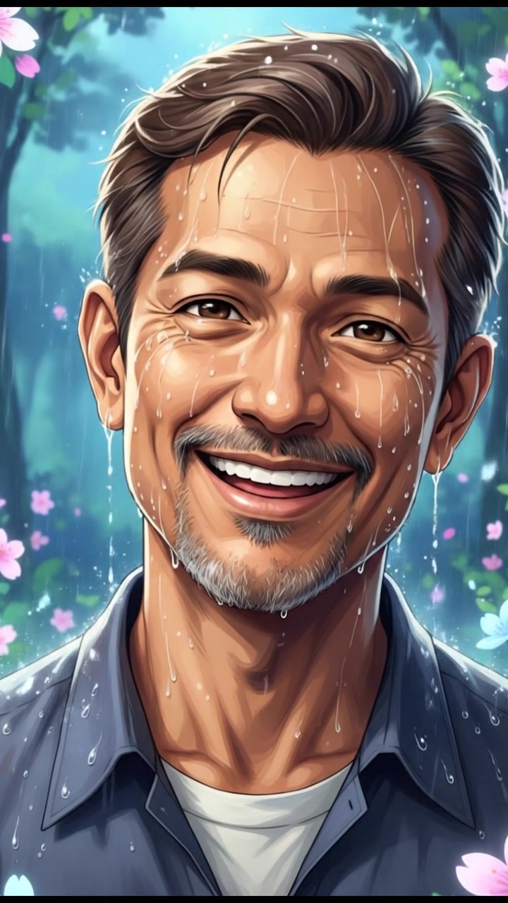 A close-up of Raj's face, smiling, with raindrops on his cheeks, conveying a sense of gratitude.