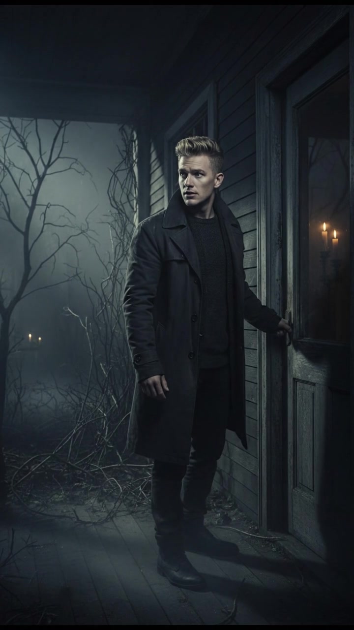 Ryan standing at the front door, looking hesitant while checking his surroundings.