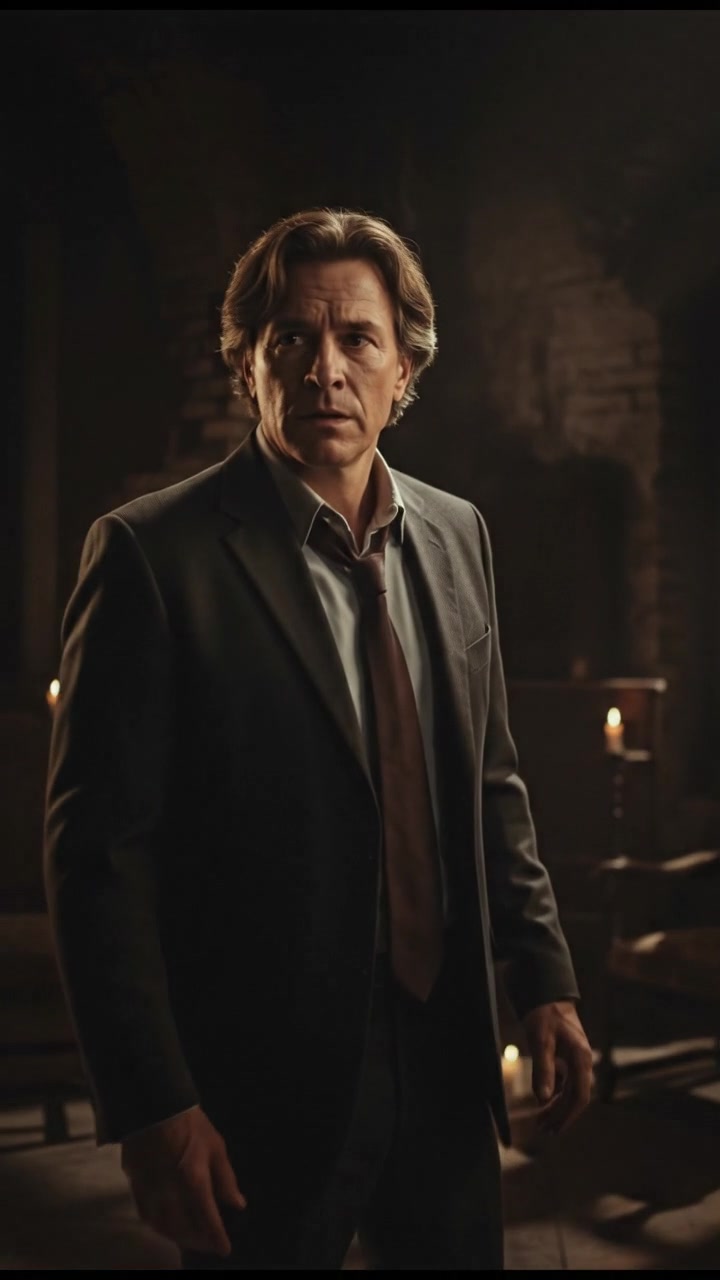 Mark, looking nervous, stands in a dimly lit room, with shadows encompassing him.