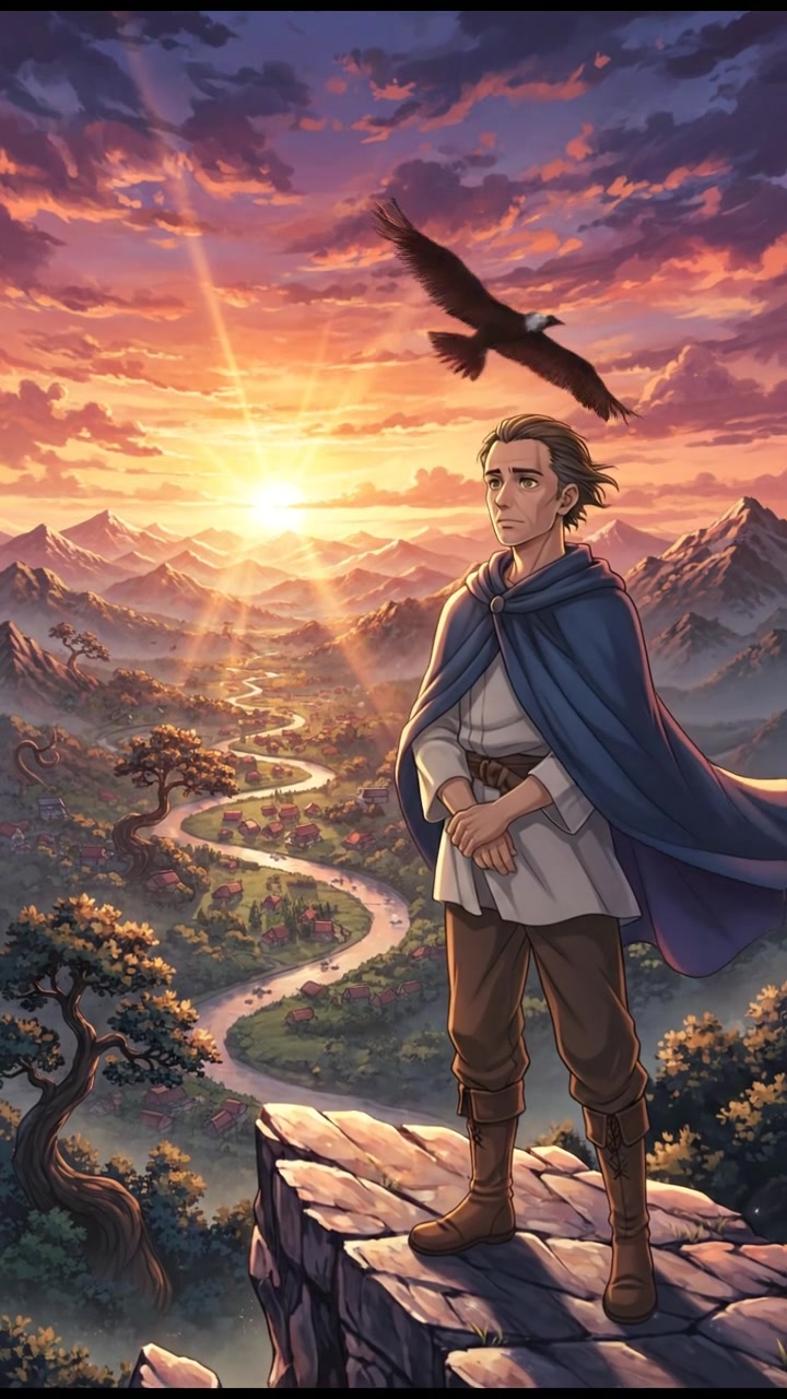 Omar standing on a rocky hilltop during sunset, looking thoughtfully over the landscape.