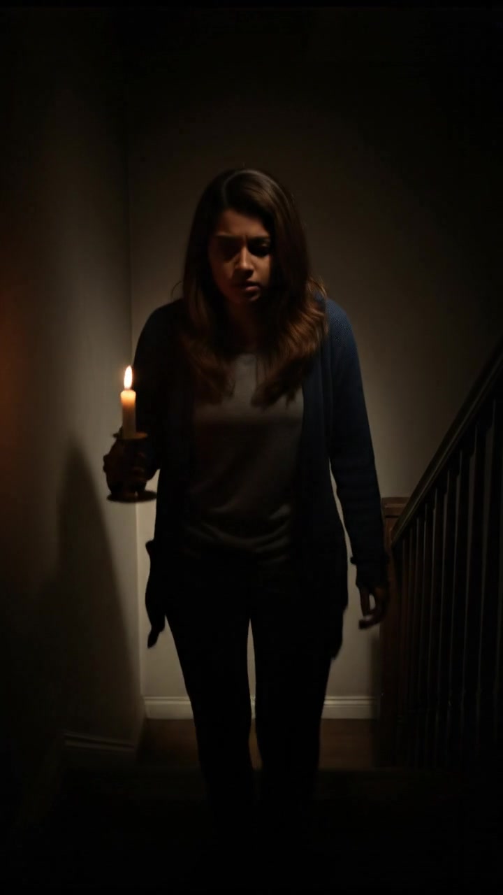 Priya peering into the darkness of the house, hesitating before taking a step down the stairway.