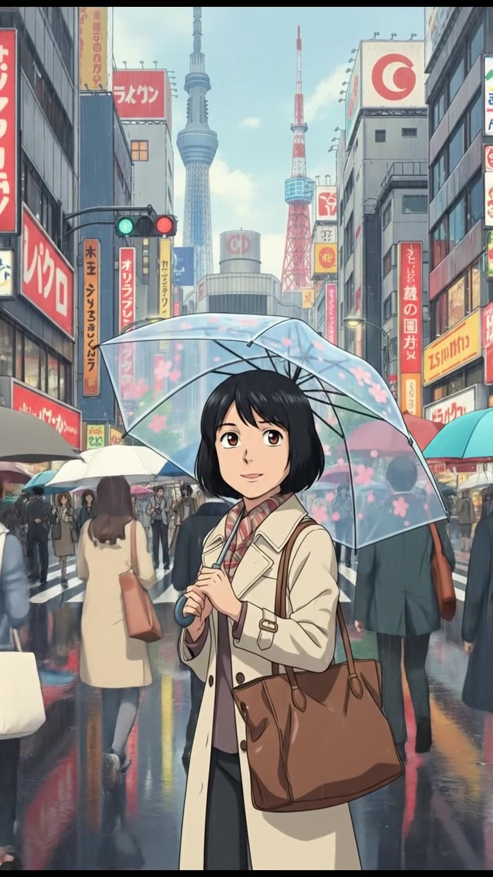 A view of Tokyo streets bustling with people, while Li is walking in the foreground under her umbrella.