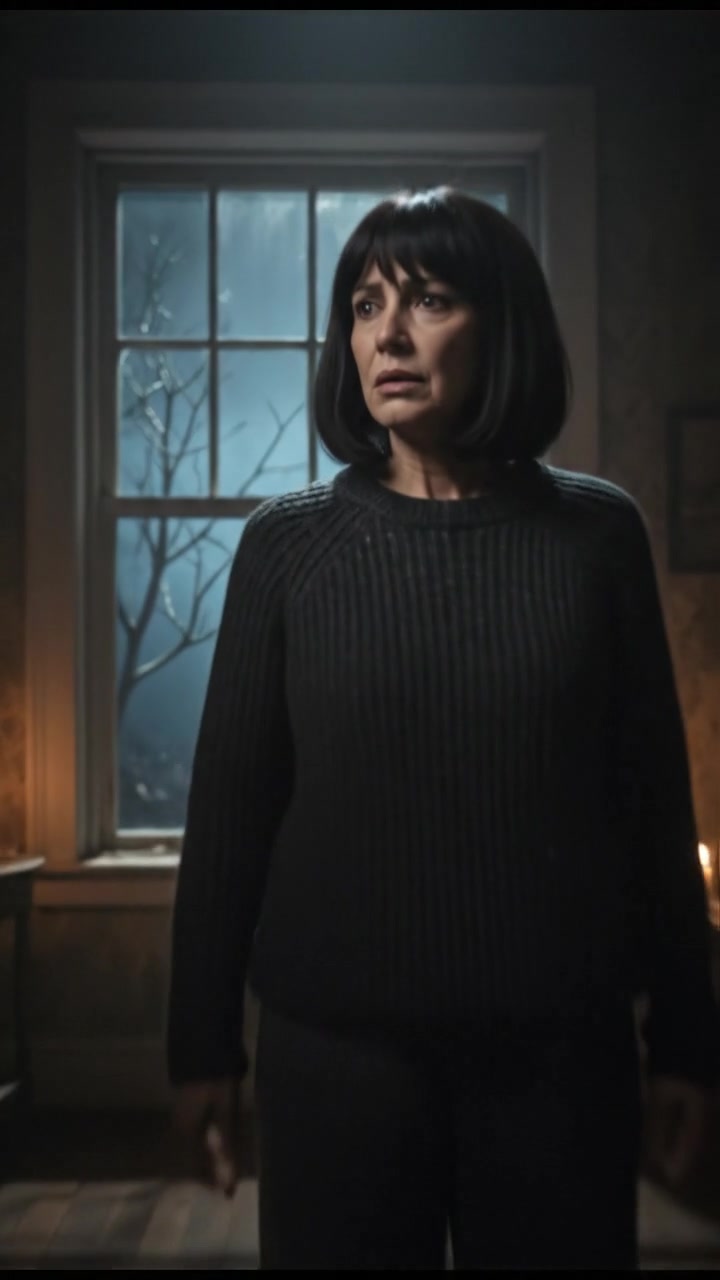 Li, standing in her dimly lit living room, looks towards the window with a worried expression.