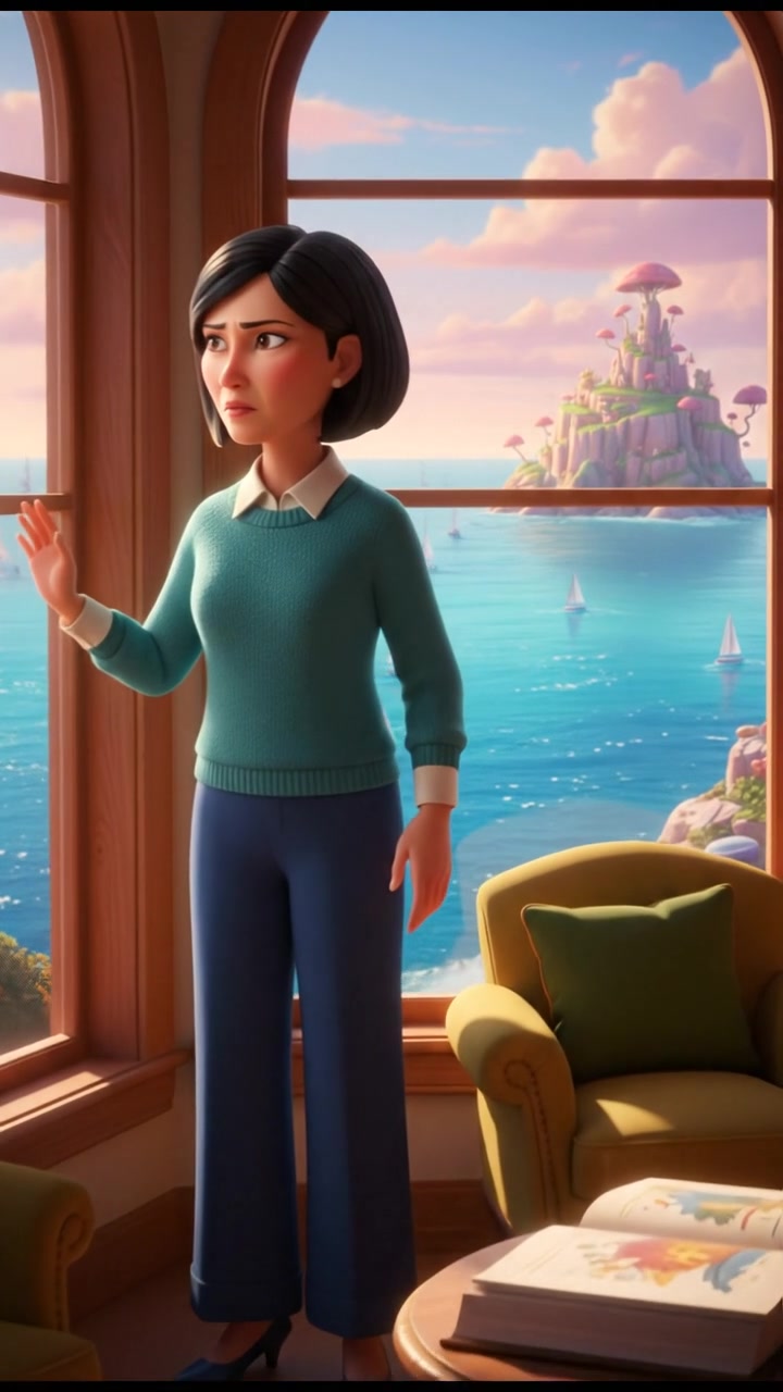 Li looking pensive while gazing out the window, the sea visible in the distance.