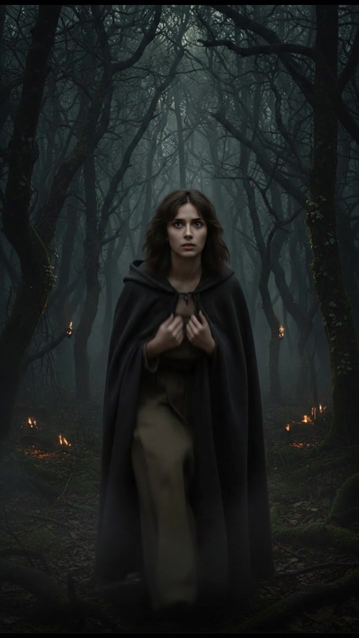 Laila, looking anxious, stands at the edge of the dark forest, peering into the trees.