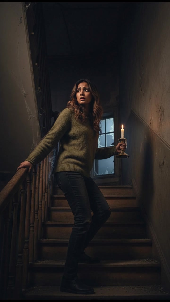 Priya descends the creaky staircase cautiously, looking back over her shoulder in fear.