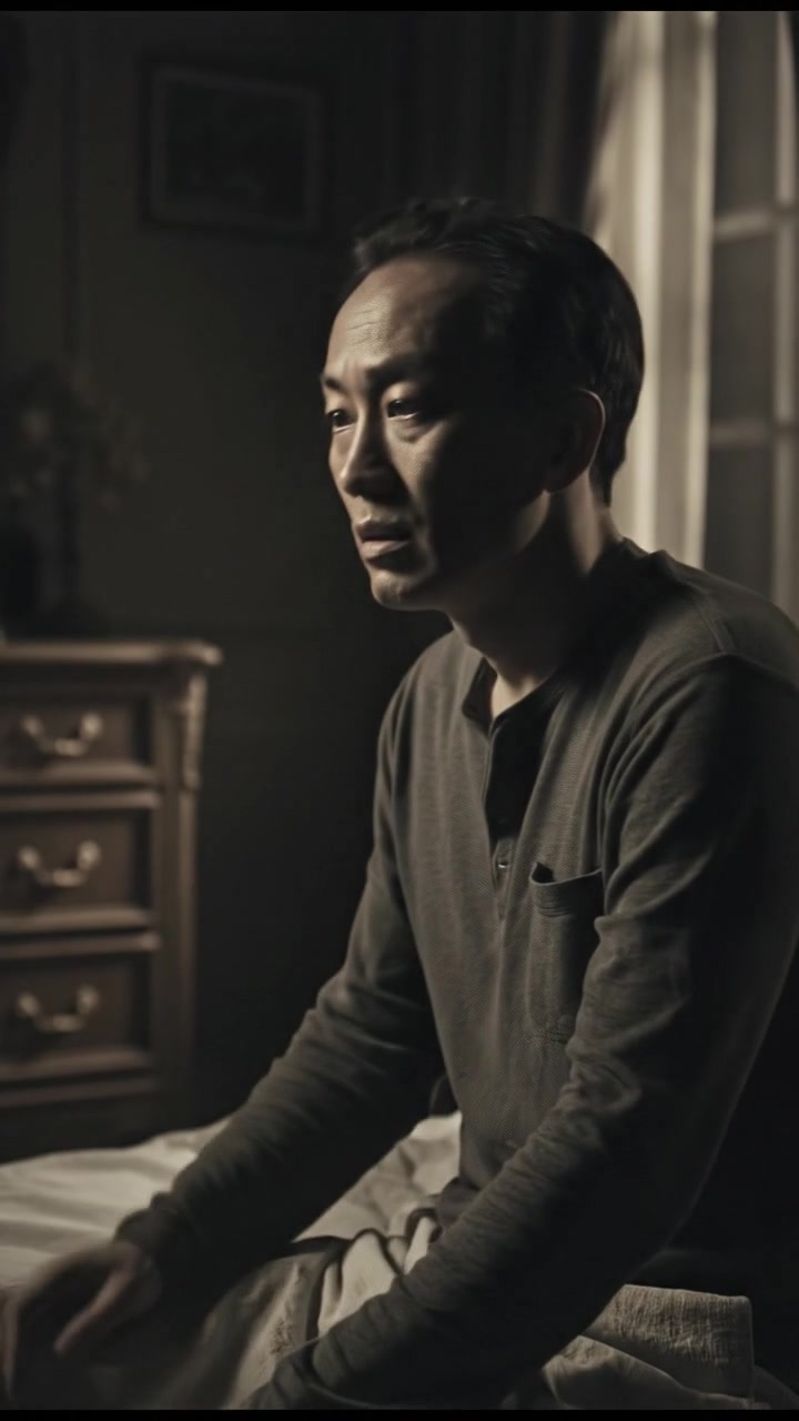 Hiro wakes up in a dimly lit bedroom, sitting on his bed, looking confused.