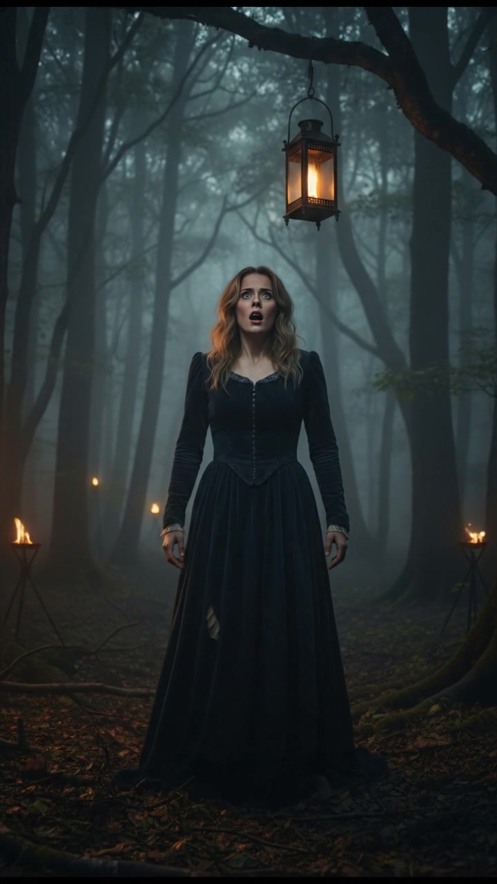 Ashley gasps in terror, her eyes wide, standing alone in the misty forest.