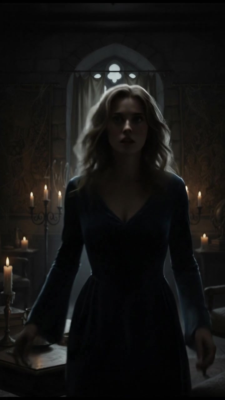 Ashley stands in a dimly lit room, looking startled as a soft whisper echoes around her.