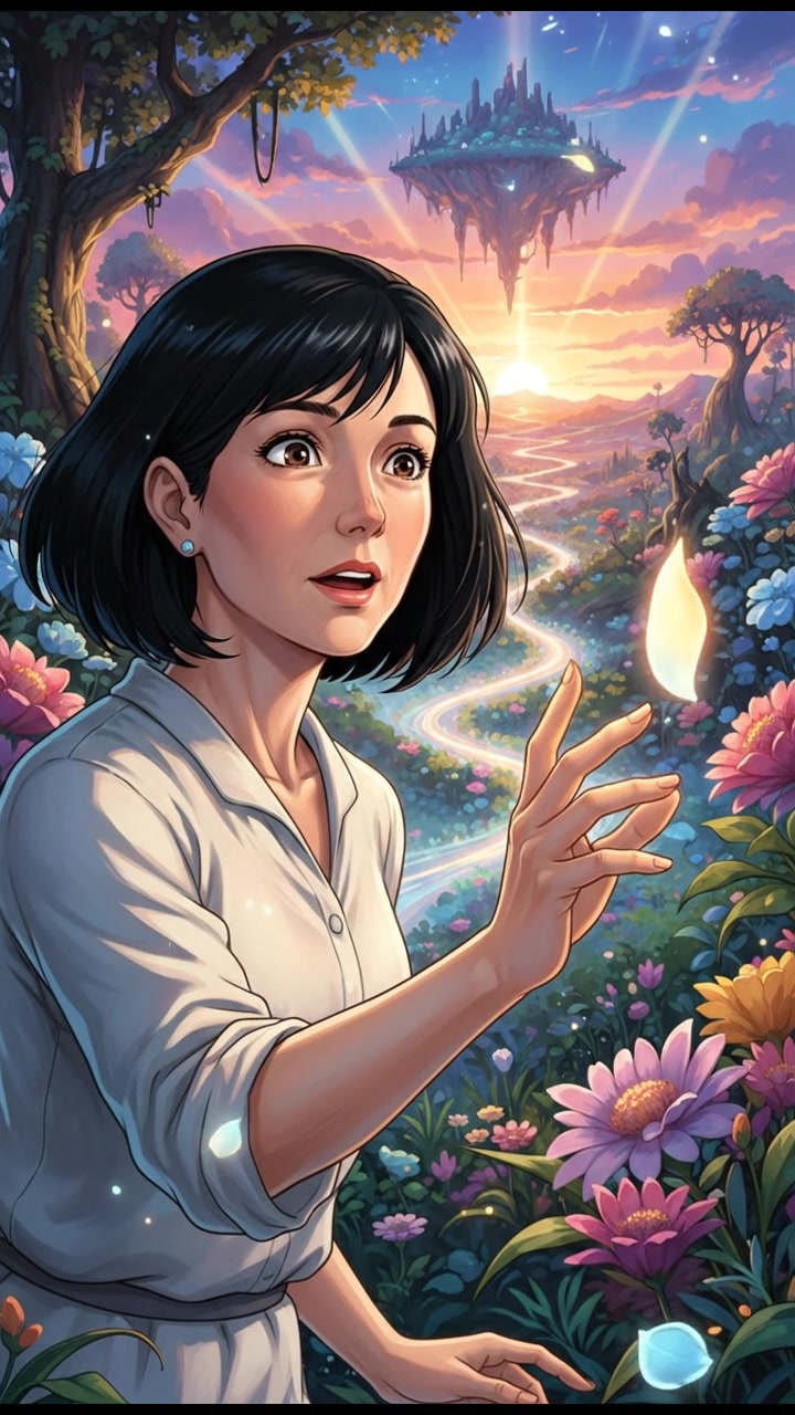 Li extending her hand towards a glowing petal, eyes wide with surprise.