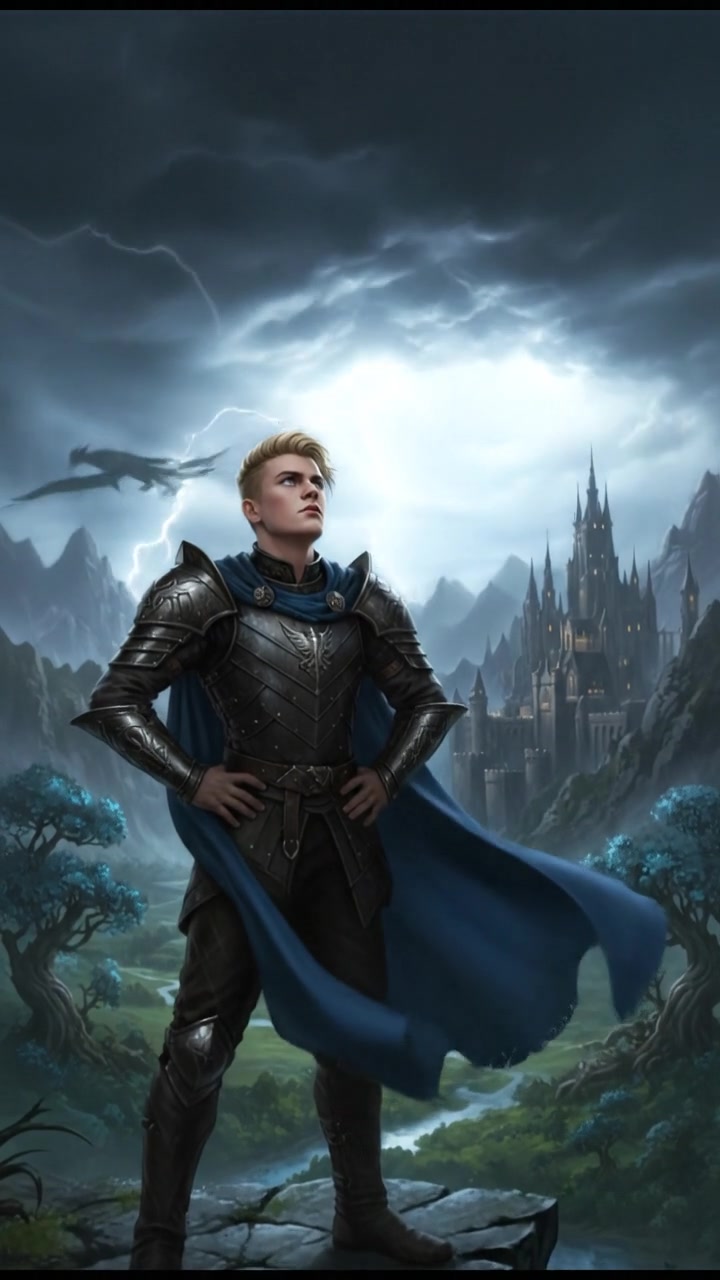 Ryan stands on a rocky cliff, looking defiantly at a stormy sky with dark clouds.