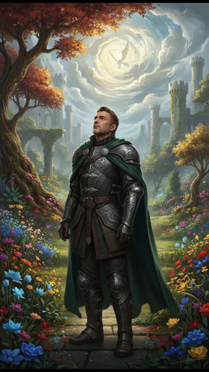 Omar standing in a lush garden, surrounded by vibrant trees and flowers, looking towards the sky.