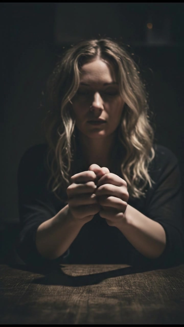 A close-up of Ashley's hands as she clenches and relaxes them, showing her internal struggle.