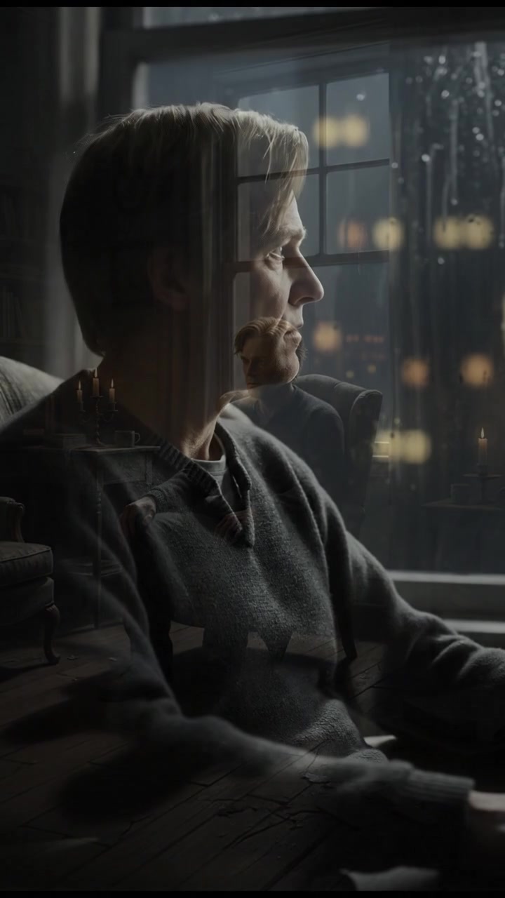 Mark sitting alone in his dimly lit apartment, looking through a window.