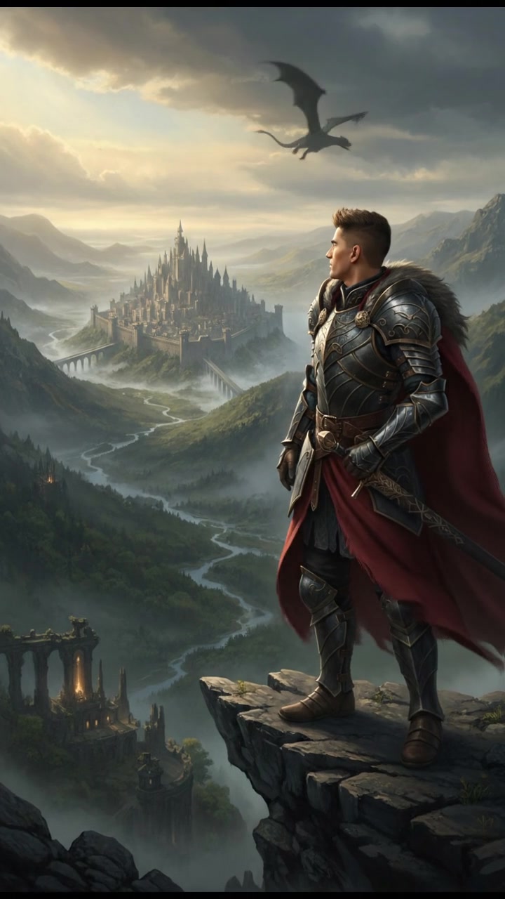 Amir standing at a mountain's edge, looking out over a vast valley, wind blowing.