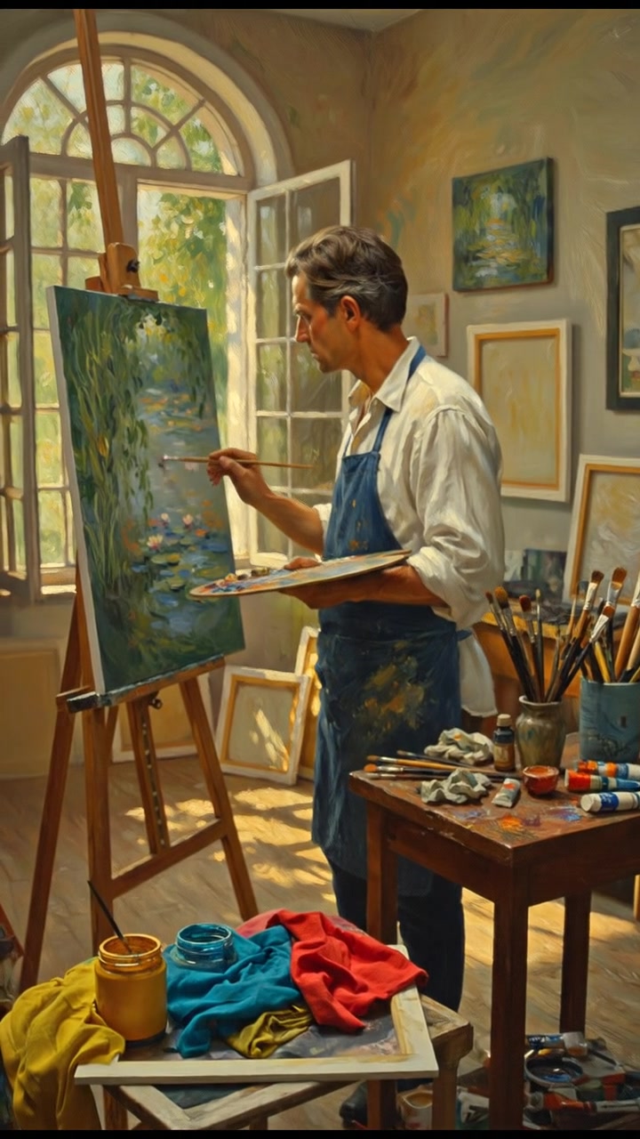 A close-up of Mark painting in a sunlit studio, surrounded by canvases and paintbrushes.