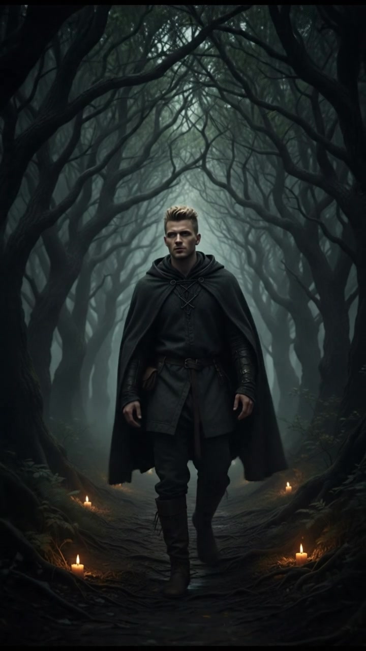 Ryan walking down a darker forest path, with dense trees closing in around him.