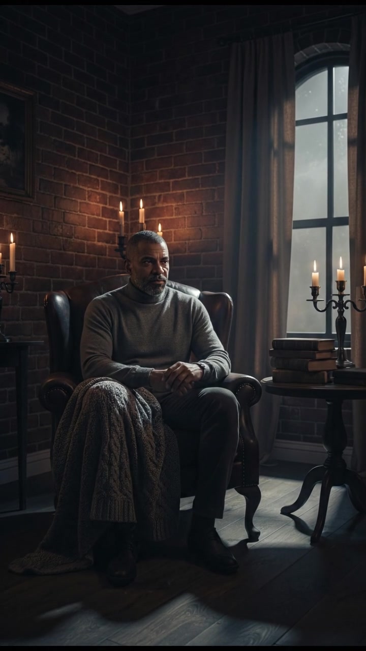 Kwame sitting in a cozy chair in his apartment, looking contemplative and focused.