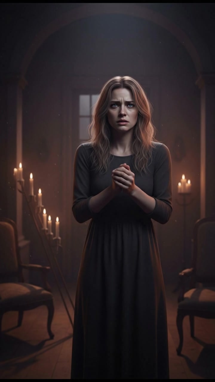 Ashley, with a worried expression, stands in a dimly lit room, her hands clenched together.