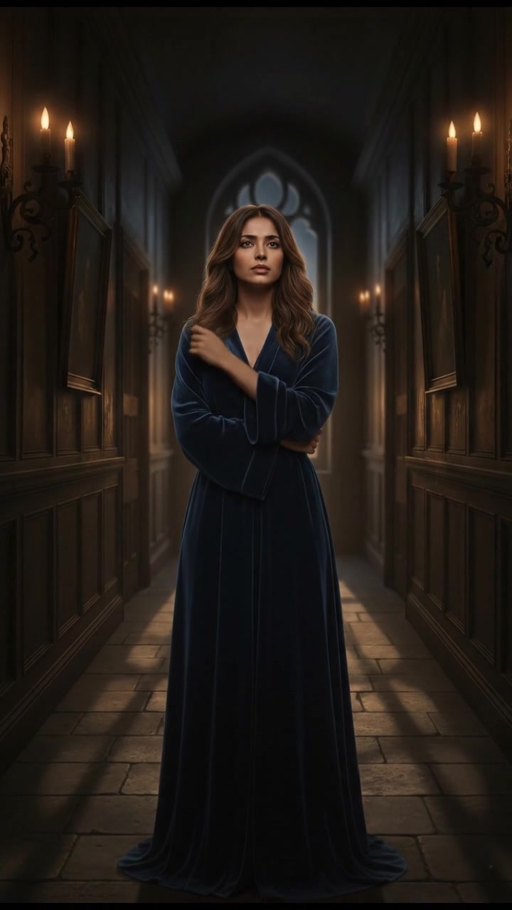 Anjali standing in her dimly lit hallway looking thoughtful and restless.