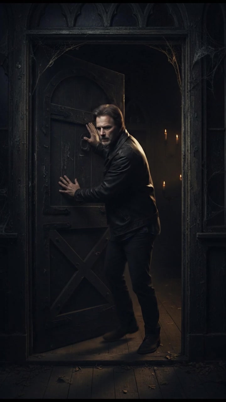 Mark pushing the creaky front door of the house open, revealing darkness inside.