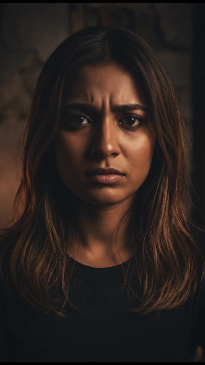 A close-up of Priya, looking skeptical with her arms crossed and a furrowed brow.