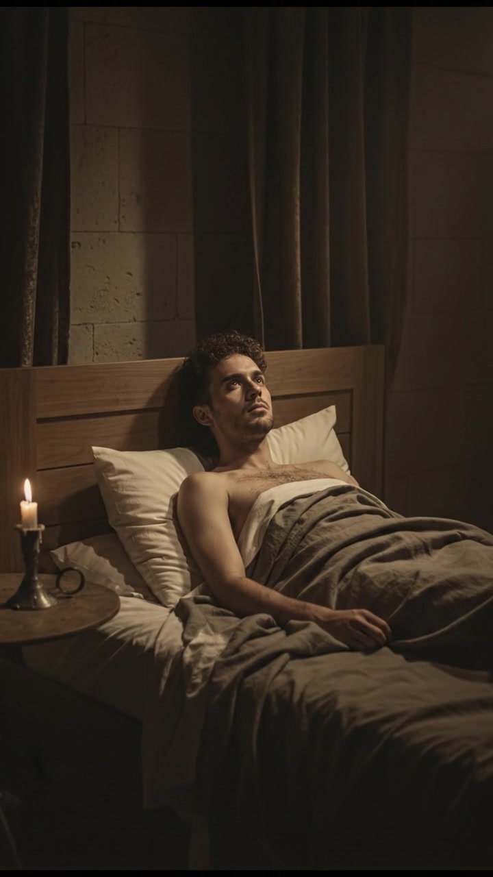 Mateo lying in bed, looking weak with sheets covering him, a dim light in the room.