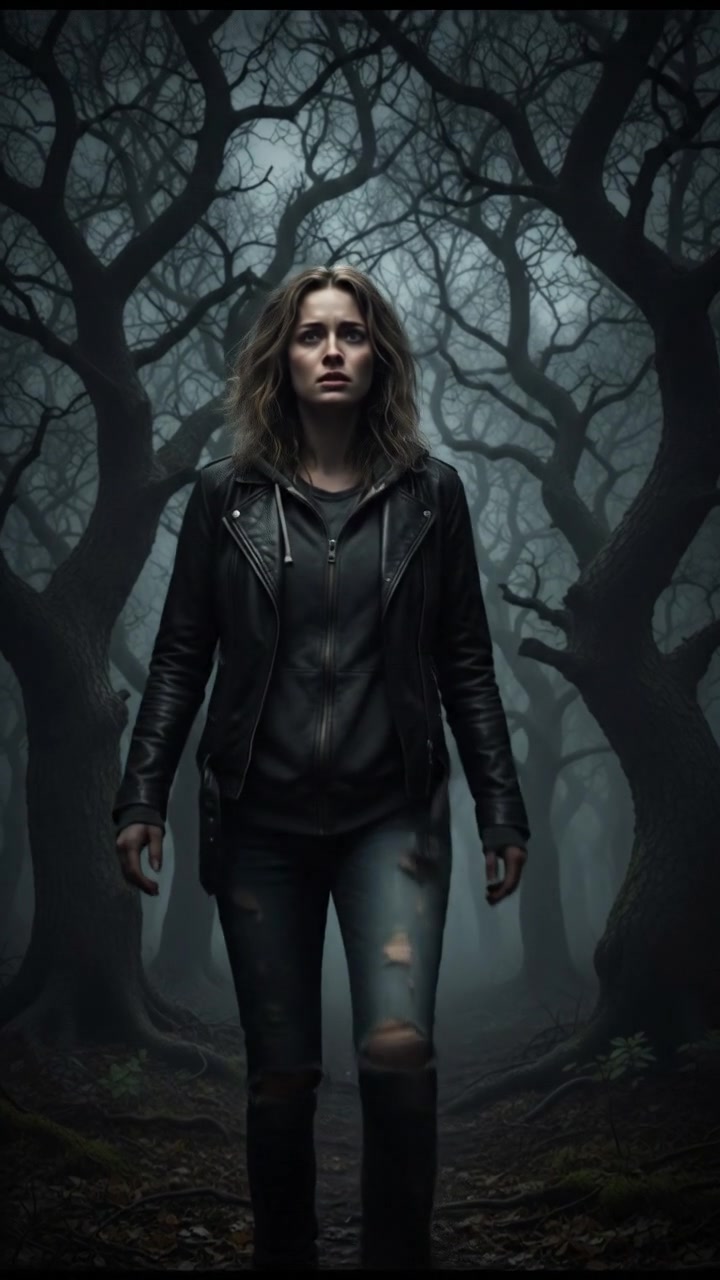 Ashley standing in a dark forest, looking worried with trees looming over her.