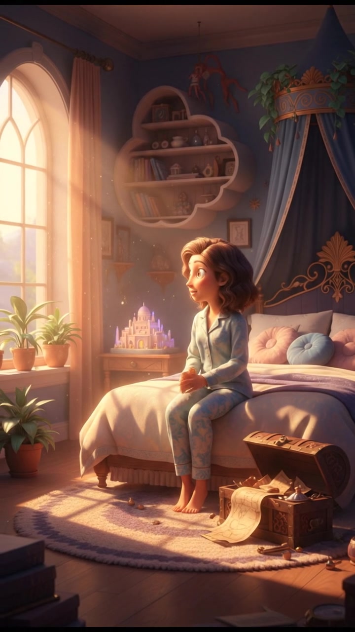 A cozy bedroom in the morning, sunlight pouring through the window, Laila sits on the edge of her bed, looking curious.