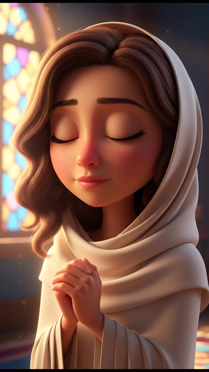 A close-up of the Laila's face, focused and serene, as she prays quietly.