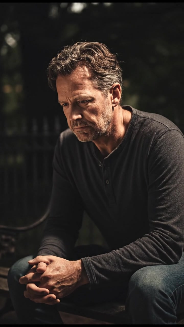 Mark sitting on a park bench, dressed in casual clothes, looking contemplatively at the ground.