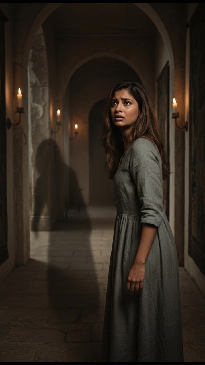 A frightened Priya glancing back as the shadow moves closer.