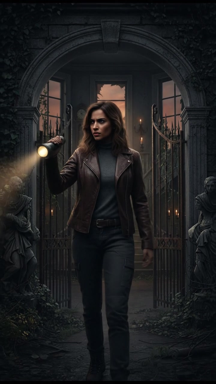 Priya, standing at the entrance of the old house, holding a flashlight and looking determined.
