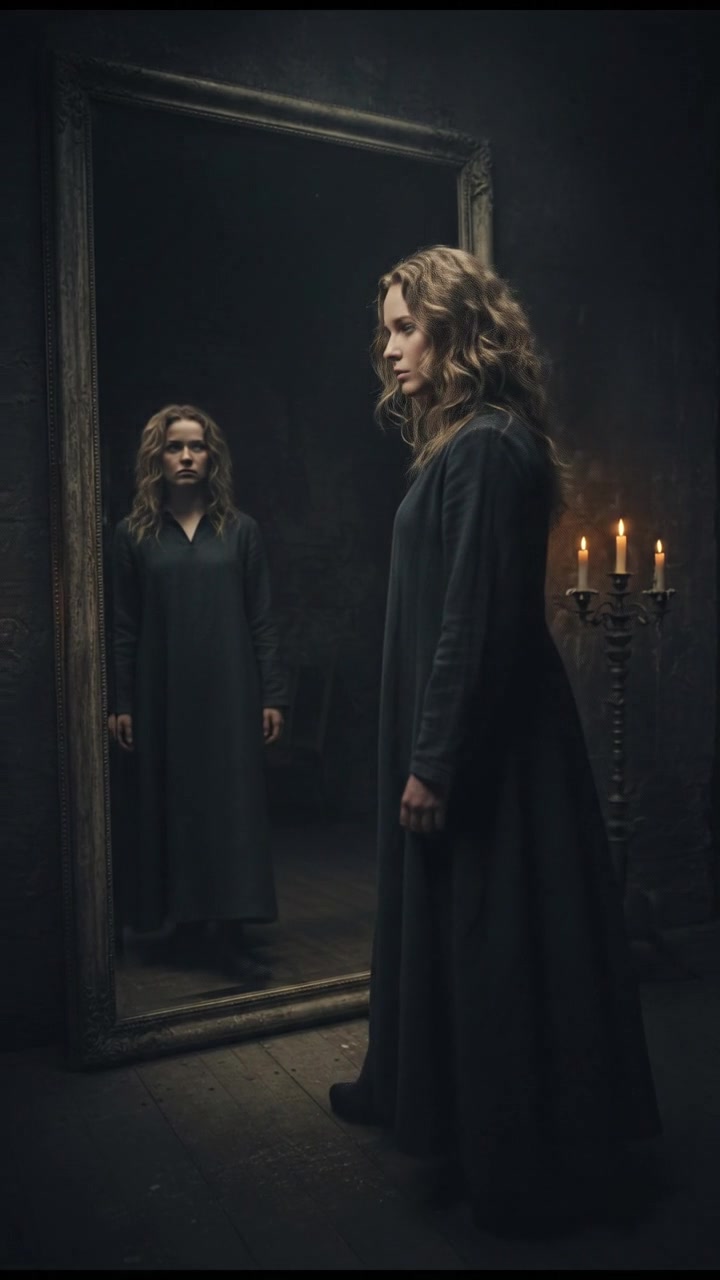 Ashley standing in front of her reflection in the mirror, determined expression.