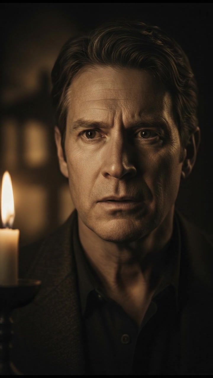 A close-up of Mark's worried face, illuminated by the glowing light.