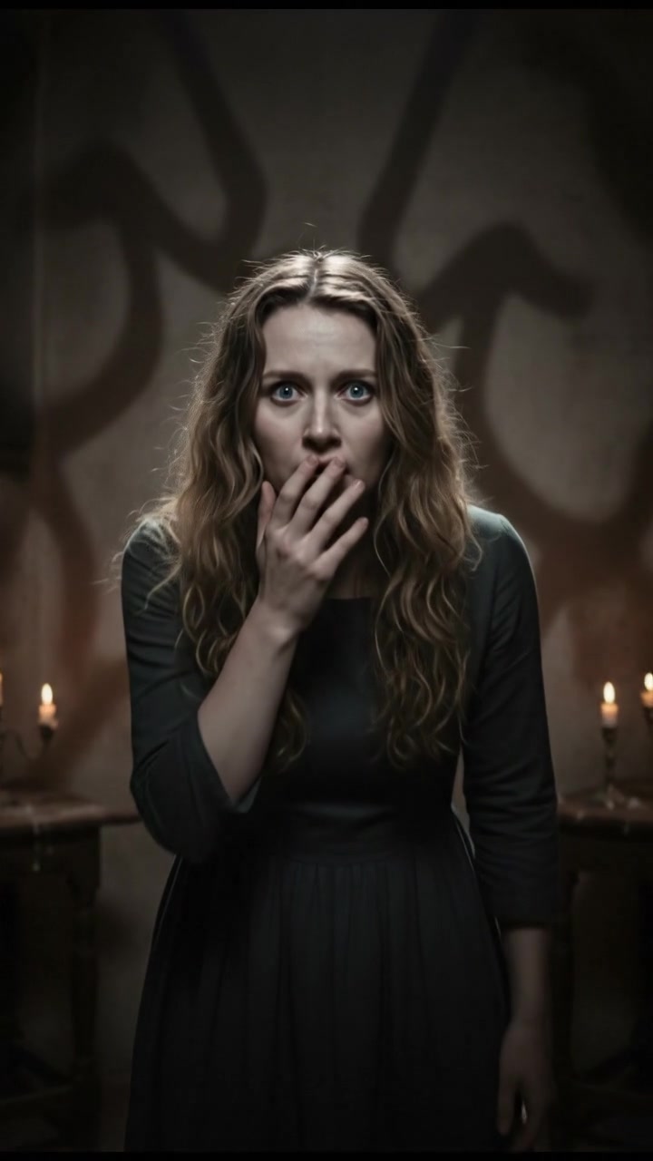 Ashley standing in a dimly lit room, looking frightened and whispering, shadows cast on the walls.