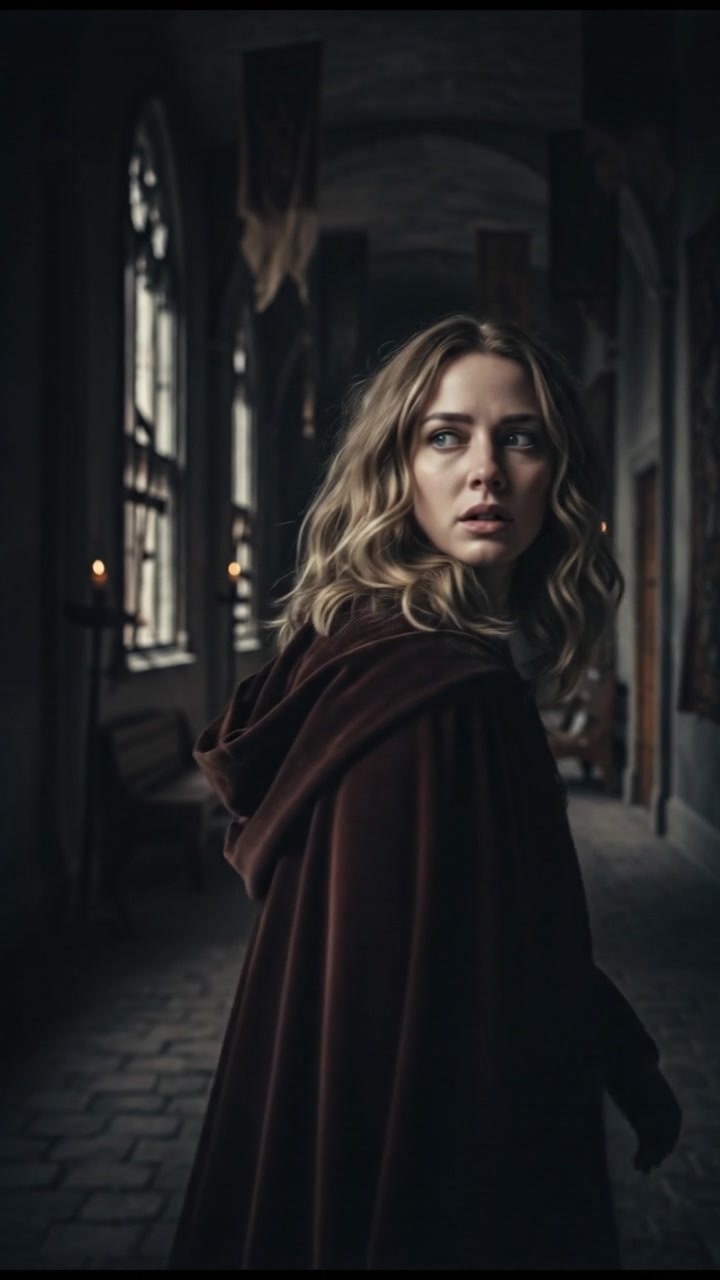 A wider view of Ashley, glancing over her shoulder with anxious eyes.