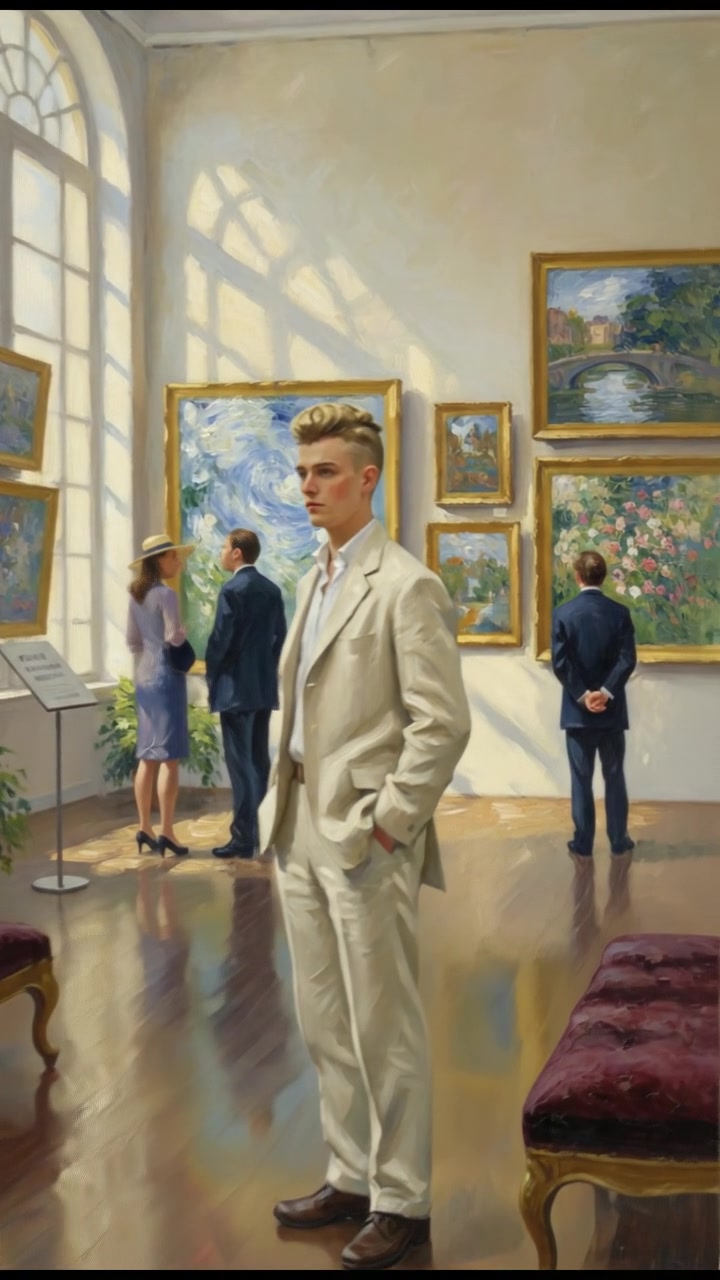 An art gallery showcasing Ryan's paintings and people admiring them.