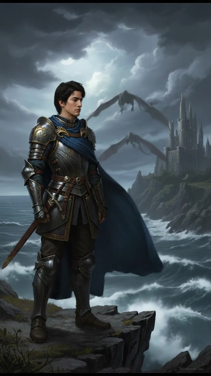 Ken stands on a rocky cliff overlooking a stormy sea, with dark clouds gathering above.