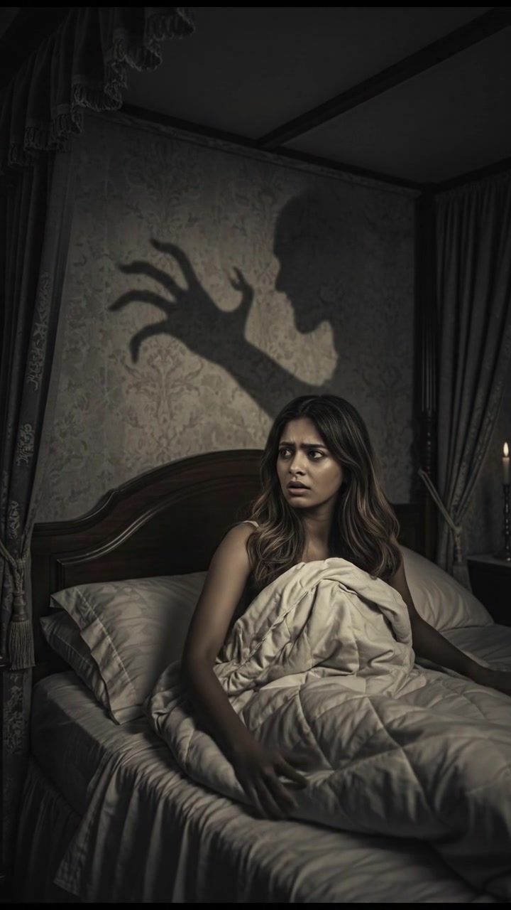 Priya lying in bed, looking startled as a shadow looms on the wall, hinting at a whisper.