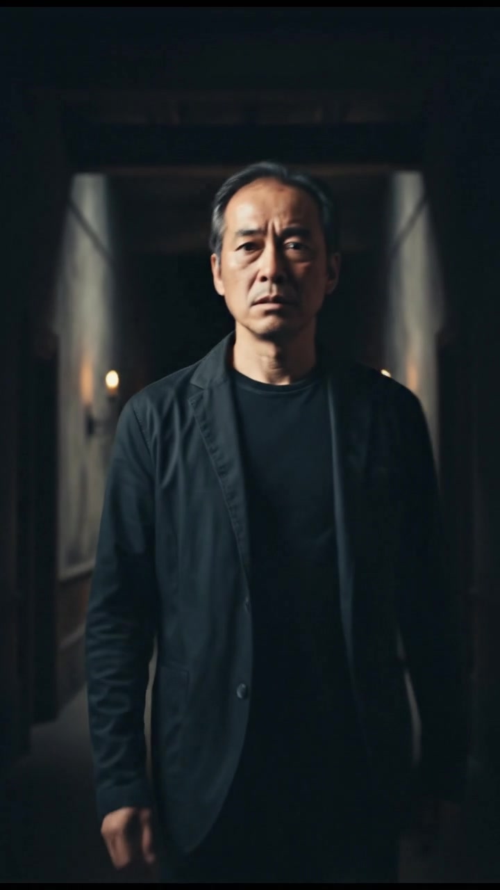 Hiro standing alone in the dark hallway, with a concerned look.