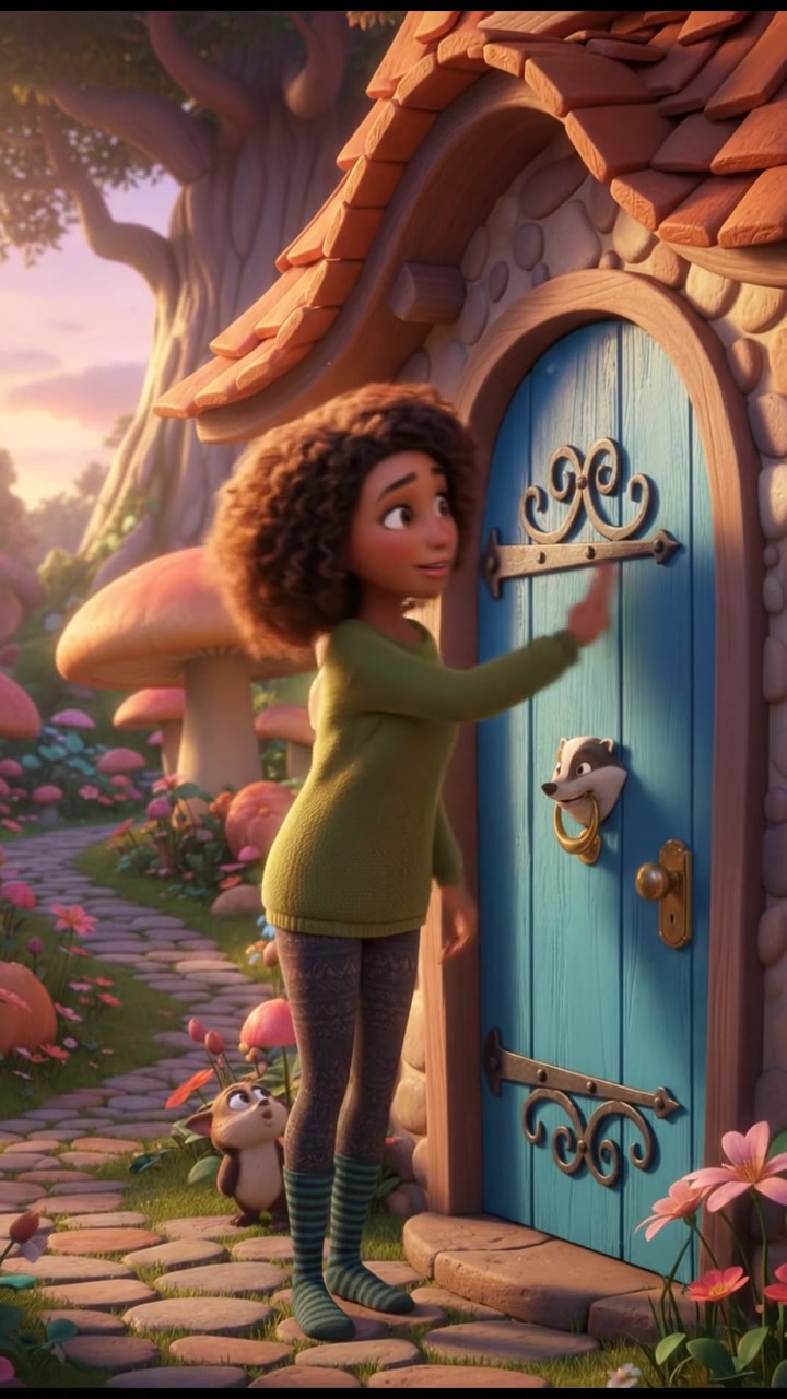 Nia standing at the door of a neighboring house, knocking, with a curious expression.